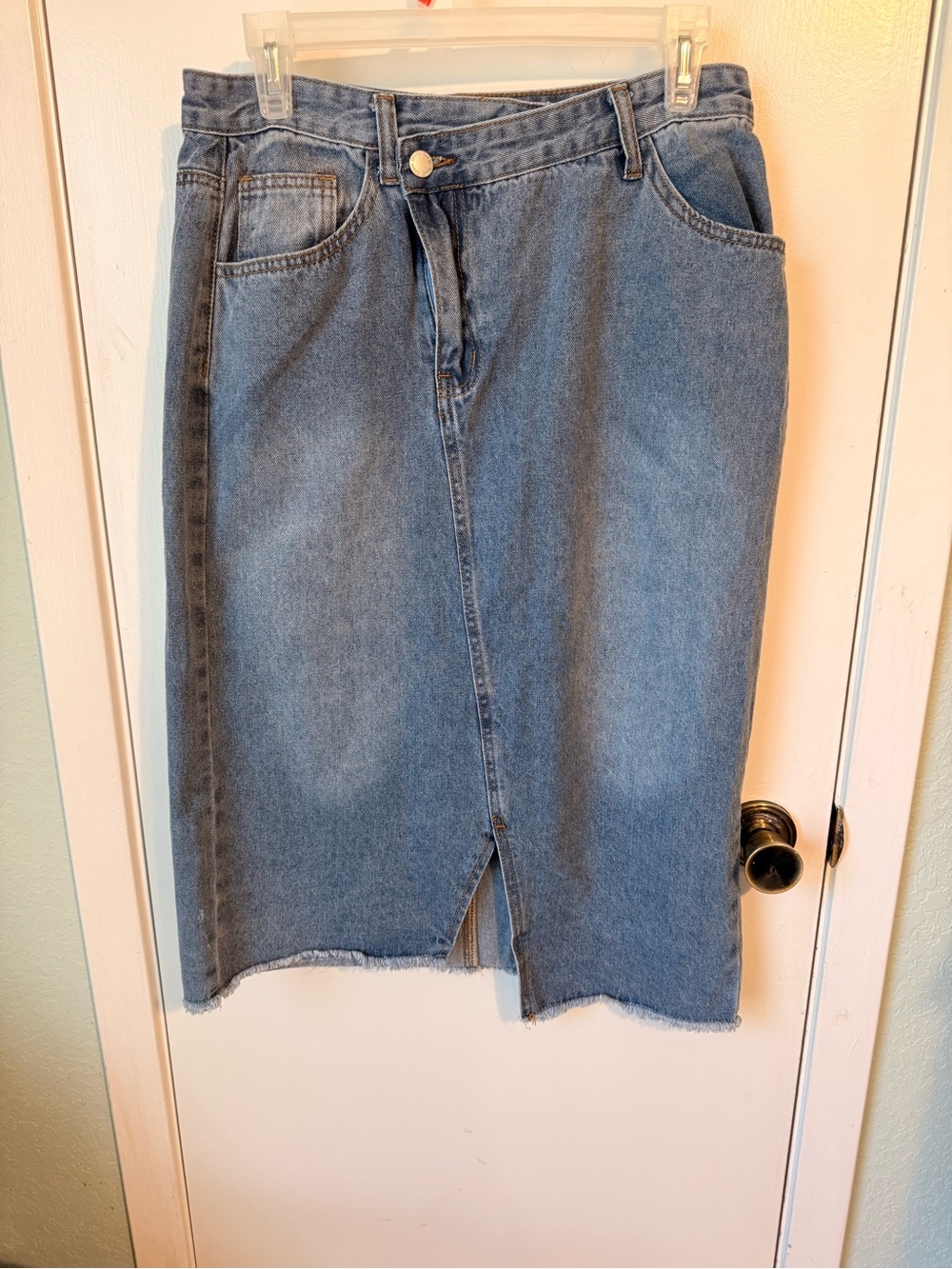SHEIN Light Blue Denim Midi Skirt with Front Slit